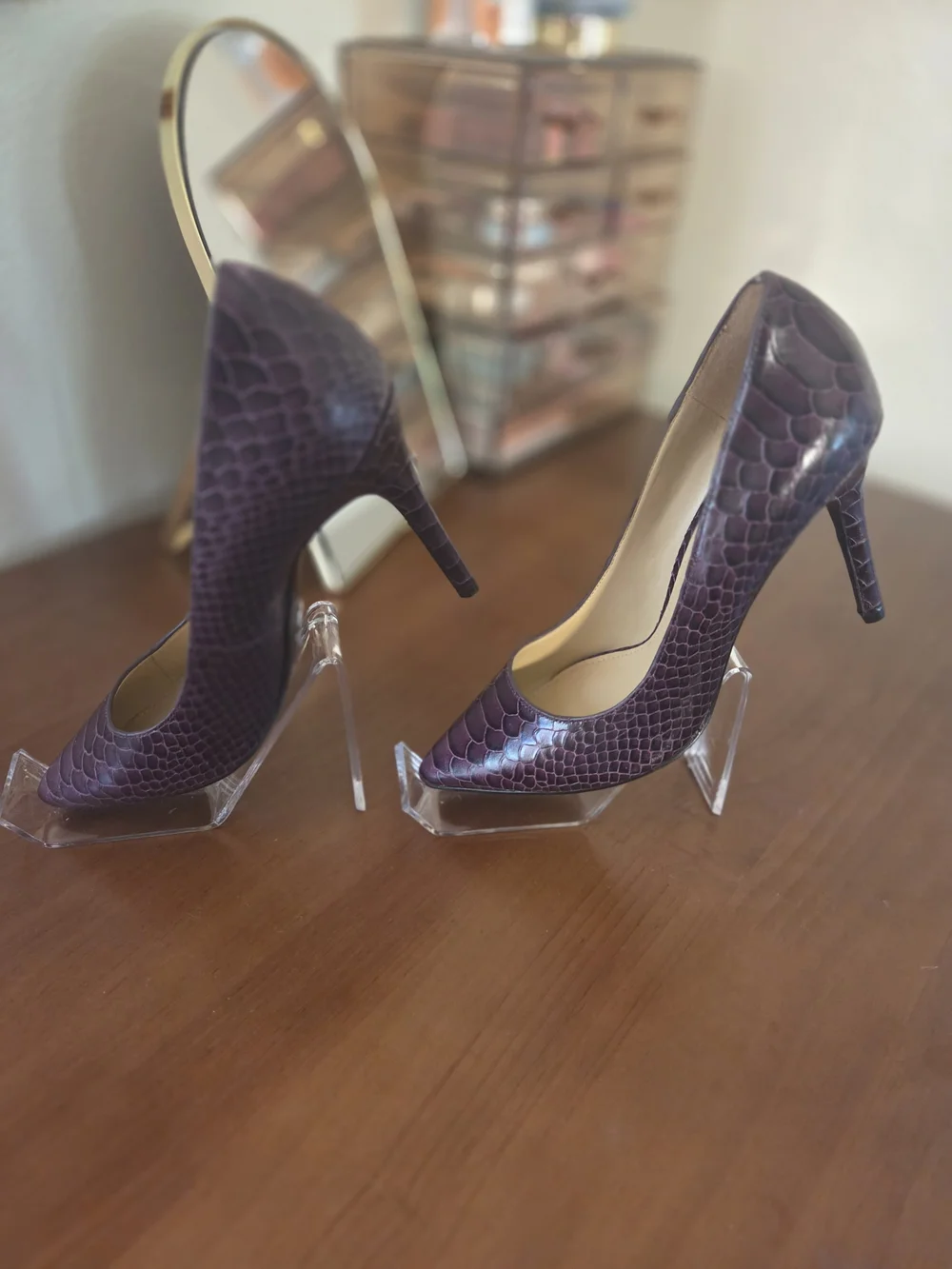 Michael Kors Plum Snakeskin-Embossed Pointed Toe Pumps